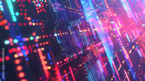 Futuristic digital background with abstract glowing neon lights and data visualization. High-tech concept of computer technology and artificial intelligence.