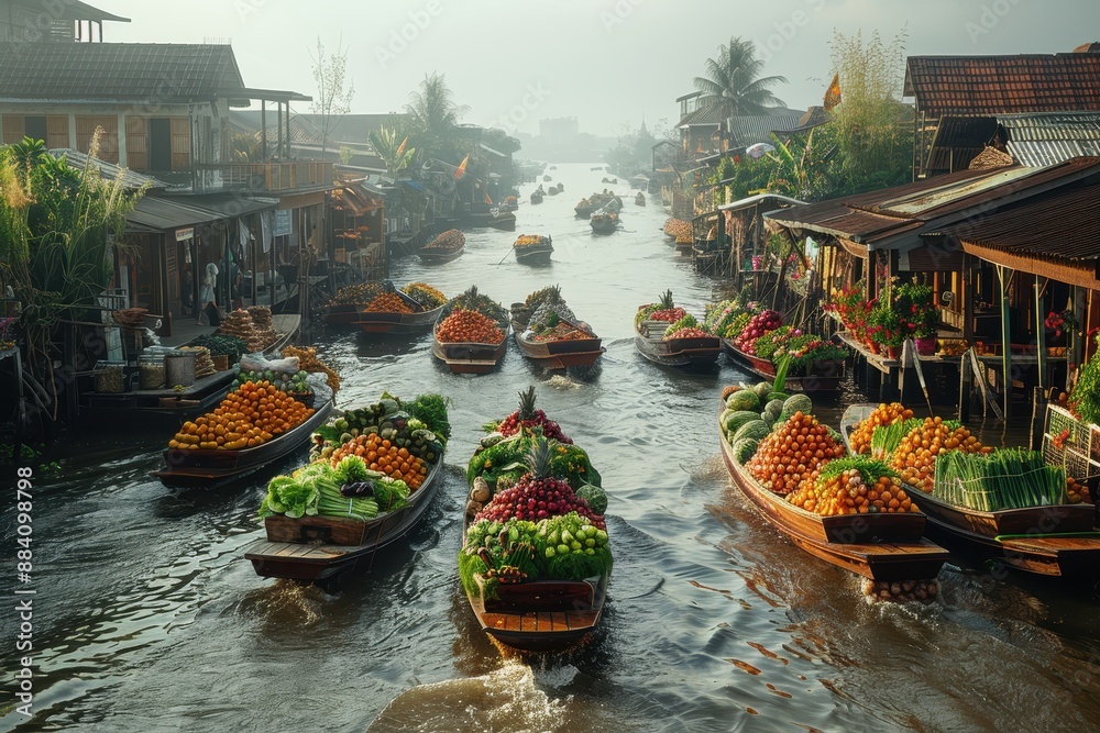Obraz premium A vibrant Thai floating market with boats filled with fresh produce, spices, and handcrafted goods, and a bustling crowd of locals and tourists.