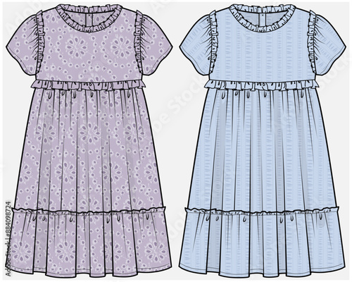 FLUTTER SLEEVES TIERED DRESS DESIGNED FOR TEEN AND KID GIRLS IN VECTOR FILE