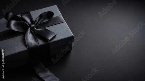 Elegant black gift boxes on solid black background with copy space. Generative AI.