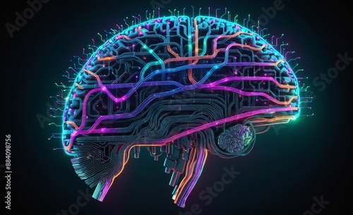 Digital Brain with Neon Circuitry and Neural Networks