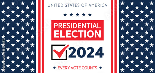 USA 2024 Presidential Election background with American flag colors design. Election event banner, card, poster, template, voting communication, background. Vote day, November 5. Vector illustration.