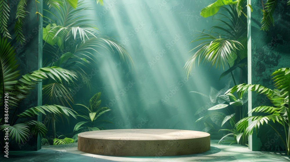 Concrete podium with lush green tropical leaves and sunlight rays in background