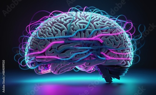 Digital Brain with Neon Circuitry and Neural Networks