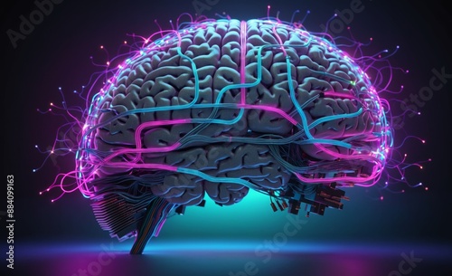 Digital Brain with Neon Circuitry and Neural Networks