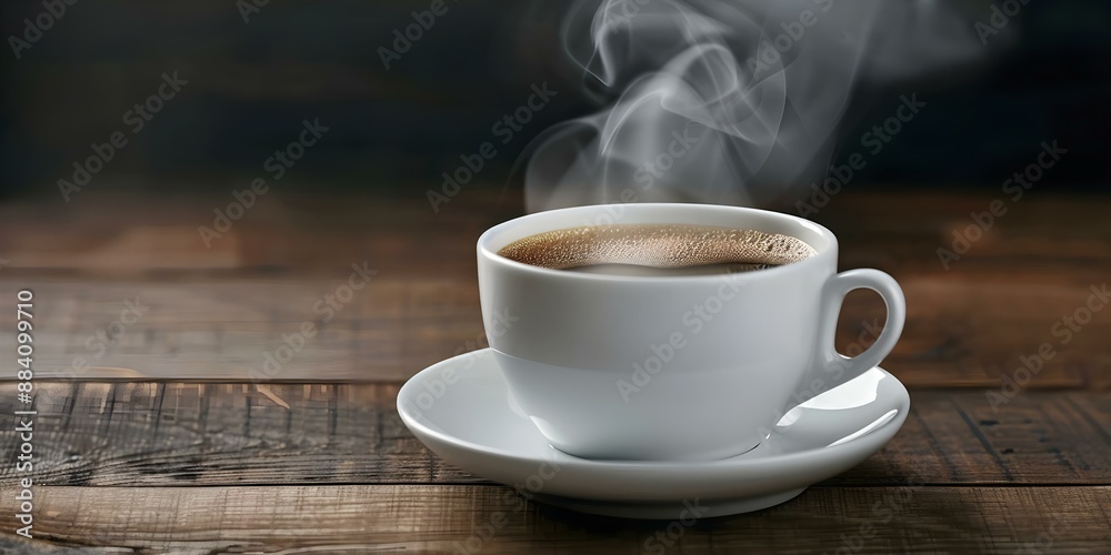 Steaming coffee in white cup on saucer on wooden table. Concept Coffee, Steaming, White Cup, Wooden Table, Saucer Steaming coffee in white cup on saucer on wooden table. Concept Coffee, Steaming, White Cup, Wooden Table, Saucer
