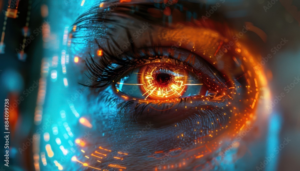 The Optical Biometrics Eye Futuristic Cyberspace Technology Neural Network with Beautiful Colors Scan The Optical Biometrics Eye Futuristic Cyberspace Technology Neural Network with Beautiful Colors Scan