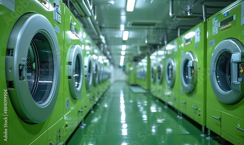 Green washing and laundry concept showcased in environmental-friendly laundromats with rows of green laundry machines.