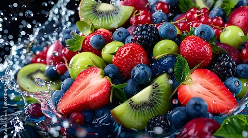 Aerial photo of fruits underwater on a black floor, with a 3D background that highlights the vivid colors and adds depth to the scene.