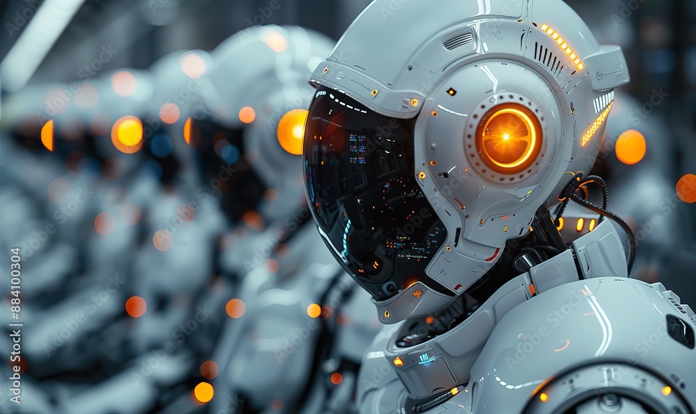 Fototapeta premium Humanoid robots serve as operators in a dystopian call center.