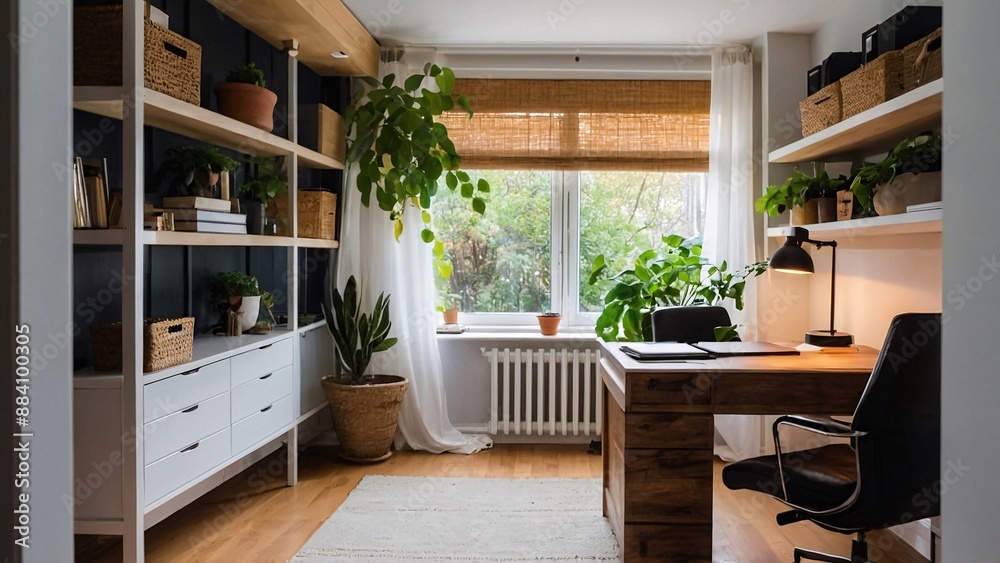 Fototapeta premium Elegant and cozy small home office design with natural light and plants, minimalism and laconic, warm colors and sunlight. Generative AI.
