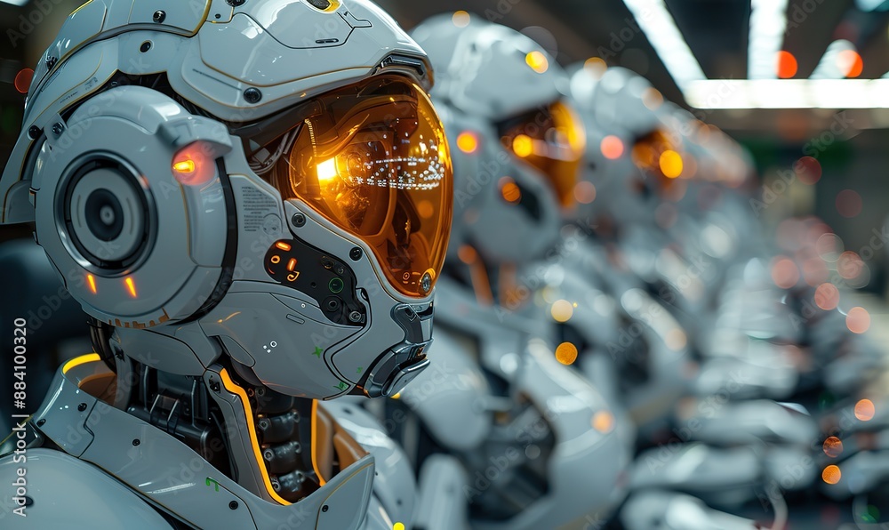 Fototapeta premium A row of robots in a call center works as operators, answering customer calls.