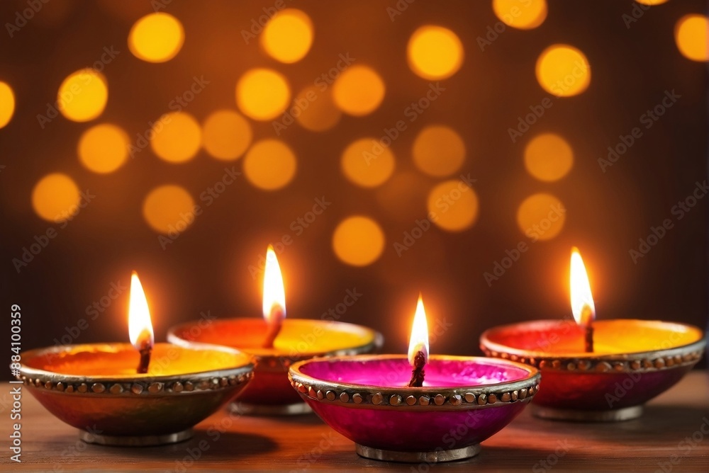 Celebrate the Indian holiday of Diwali with a bokeh background and colorful Diya Lamps. Celebrate the Indian holiday of Diwali with a bokeh background and colorful Diya Lamps.