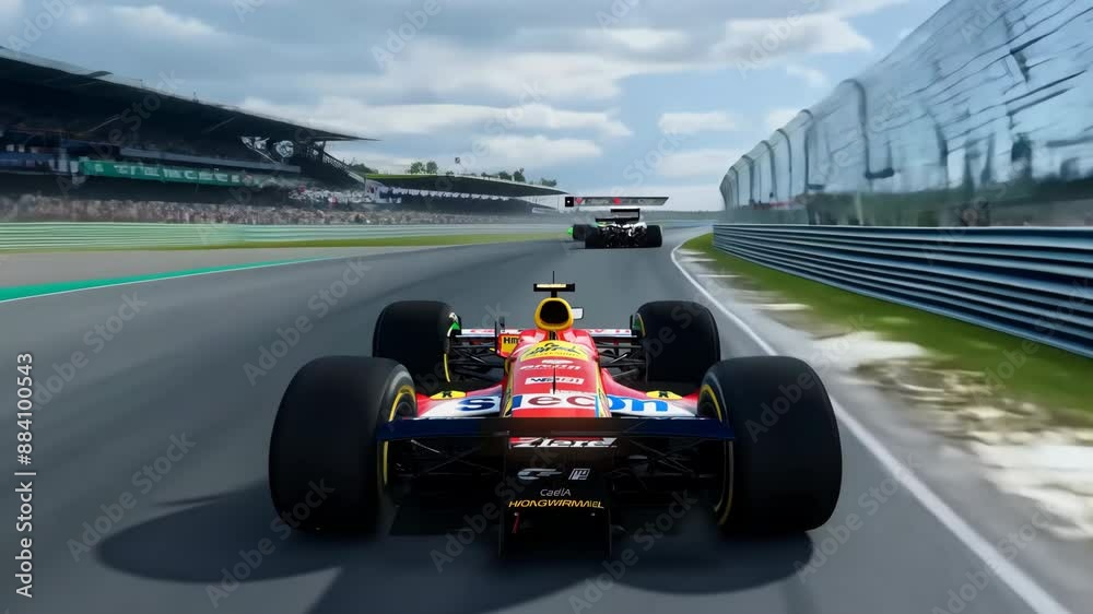 Generic formula one 1 race car chasing the leader. Fast speed drive. Dynamic rear view. Realistic animation. Racing competition or tournament. Computer video game, simulation.