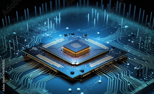 Advanced Microchip with Glowing Core on Circuit Board