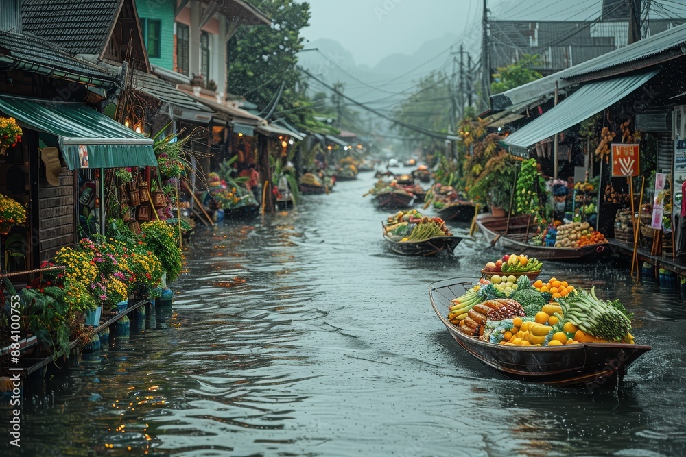 Obraz premium A vibrant Thai floating market with boats filled with fresh produce, spices, and handcrafted goods, and a bustling crowd of locals and tourists.