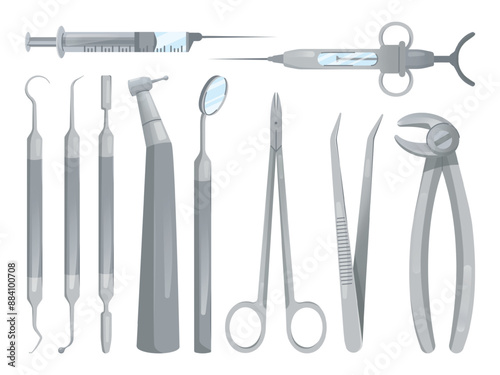 Dentist surgery tools. Dental surgical steel tools, stomatology orthodontic accessories or surgeon teeth operation equipment tweezers pincers, dentistry swanky vector illustration
