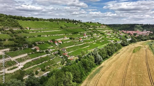 Flight along vineyards near Freyburg Unstrut. Town of Freyburg in the background. Northernmost wine-growing region in Europe. Travel destination in Saxony-Anhalt. Wine festival in autumn.