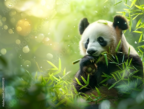 Playful Panda Chewing on Bamboo in Lush Forest Encapsulating Serene Moment © Thares2020