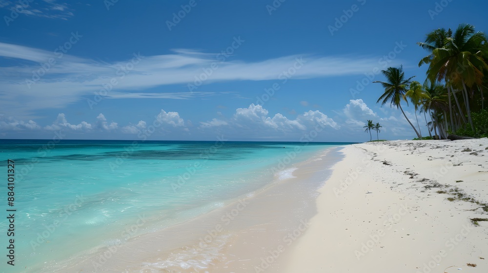 Idyllic tropical beach with turquoise waters, white sand, and lush palm trees, creating a relaxing and exotic atmosphere. Idyllic tropical beach with turquoise waters, white sand, and lush palm trees, creating a relaxing and exotic atmosphere.