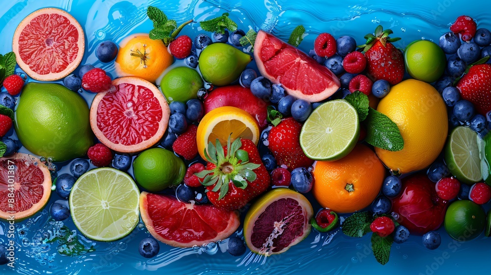Top view of various fruits underwater on a black floor, with a detailed 3D background providing striking visual contrast. Top view of various fruits underwater on a black floor, with a detailed 3D background providing striking visual contrast.