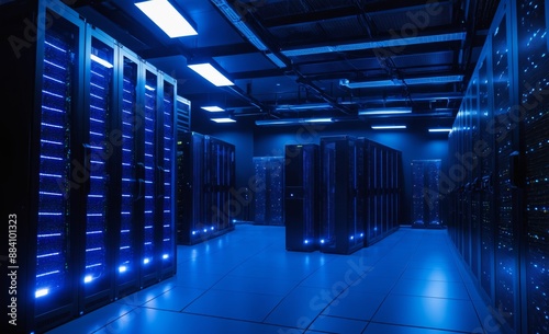 Modern Data Center with Blue LED Lighting