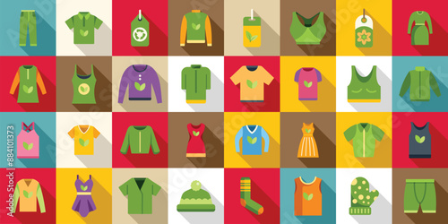 Eco-friendly clothing icons set. Diverse selection of eco friendly clothing and garment icons featuring leaves and recycling symbols, highlighting sustainable fashion choices
