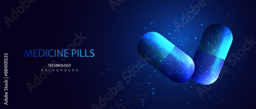 Pills technology banner. Two capsules in blue background. Healthcare medical and pharmacy concept of drug. Futuristic innovation vitamin, antibiotic or probiotic vector illustration.