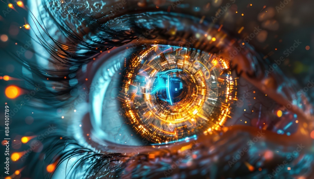 The Optical Biometrics Eye Futuristic Cyberspace Technology Neural Network with Beautiful Colors Scan The Optical Biometrics Eye Futuristic Cyberspace Technology Neural Network with Beautiful Colors Scan