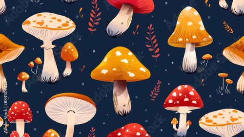 Whimsical seamless pattern of various types of mushrooms on dark blue background