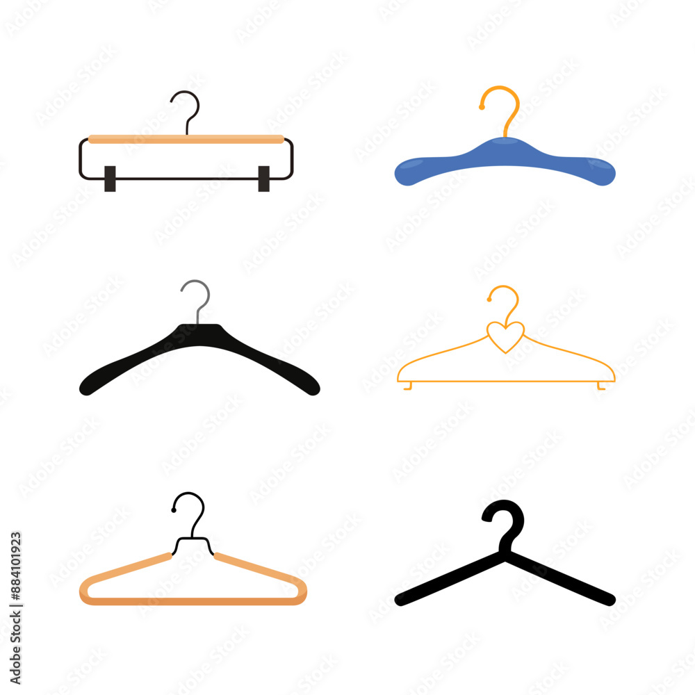 Collection of various clothes hangers isolated on white background.
Collection of various clothes hangers isolated on white background.