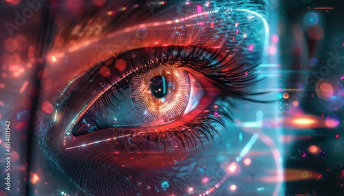 The Optical Biometrics Eye Futuristic Cyberspace Technology Neural Network with Beautiful Colors Scan