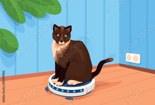 Cat on robot cleaner. Funny cute pet at vacuum cleaners domestic smart home technology, automatic household appliance kitten robotic machine clean floor, neat vector illustration