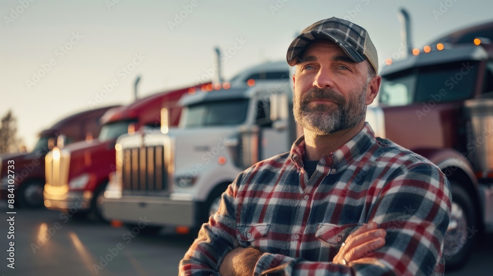 truck driver standing in front of a three trucks truck driver standing in front of a three trucks