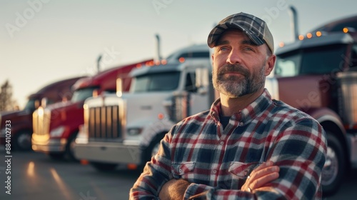 truck driver standing in front of a three trucks photo