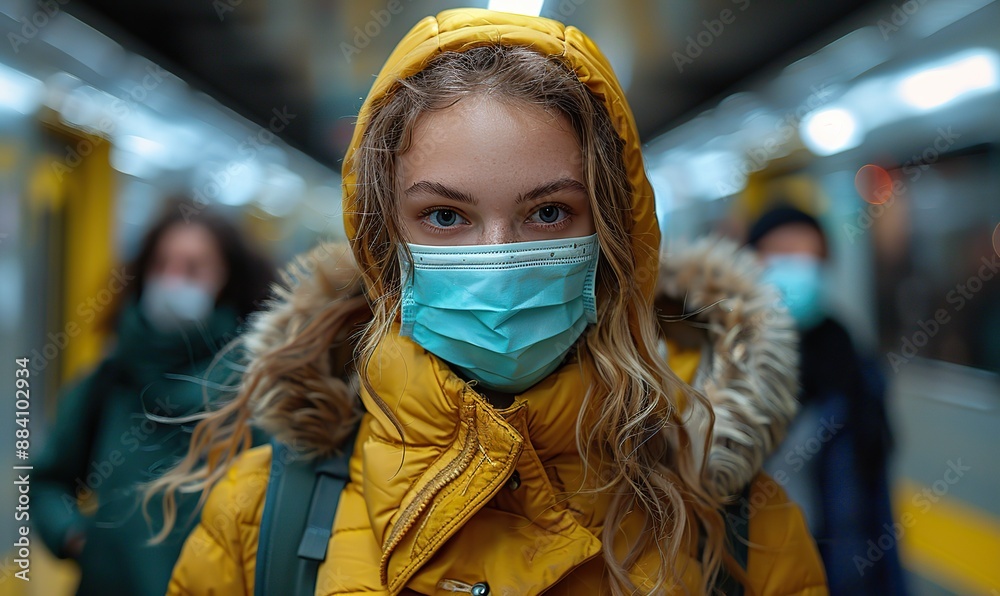 Fototapeta premium At the train station during vacation, a multiracial group of young people wearing face masks embark on travel and holiday adventures in the new normal.