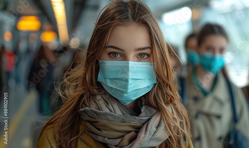 At the train station during vacation, a multiracial group of young people wearing face masks embark on travel and holiday adventures in the new normal. photo