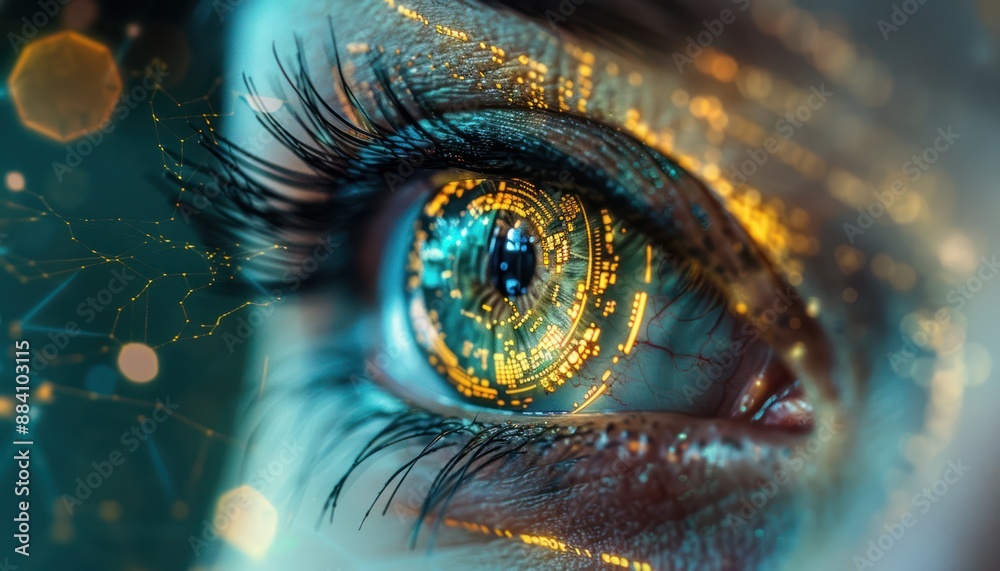 The Optical Biometrics Eye Futuristic Cyberspace Technology Neural Network with Beautiful Colors Scan