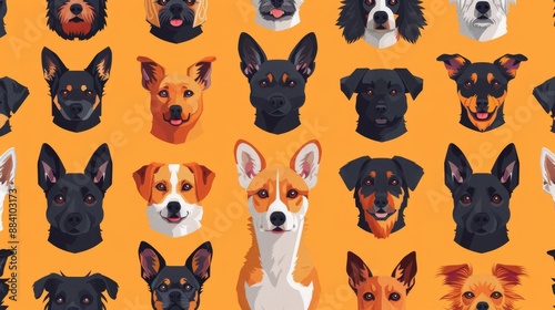 Seamless pattern of various dog breeds on an orange background photo