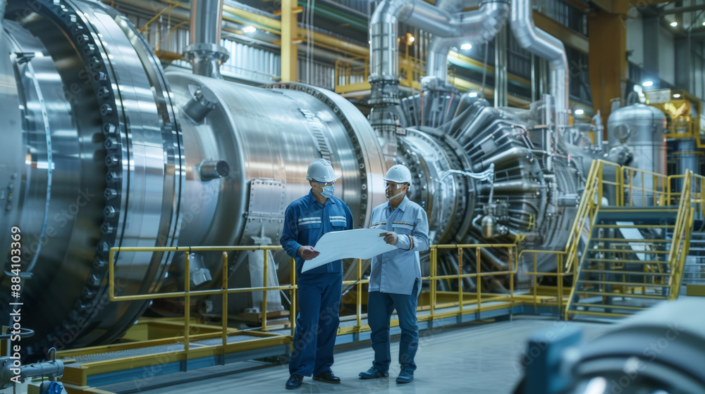 Industrial plant with massive steel machinery, pipes, and workers engaged in manufacturing processes Industrial plant with massive steel machinery, pipes, and workers engaged in manufacturing processes