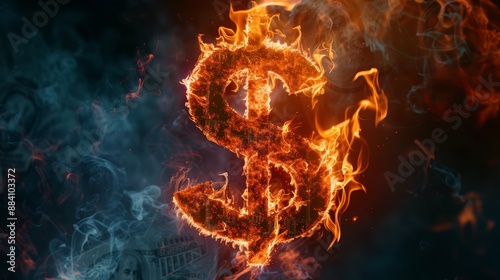 Fiery dollar sign engulfed in flames with a smoky background. Symbolizes inflation and financial meltdown.