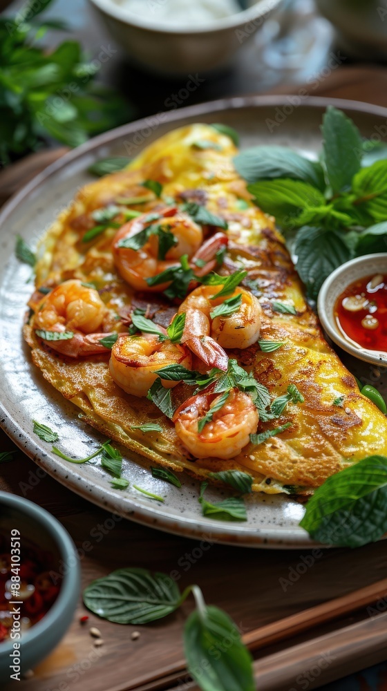 Delicious Vietnamese Banh Xeo with Shrimp and Fresh Herbs Delicious Vietnamese Banh Xeo with Shrimp and Fresh Herbs