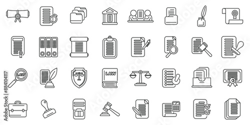 Notary services icons set. Various icons representing legal concepts, including contracts, courts, and legal documents, symbolizing the work of law firms in providing legal advice