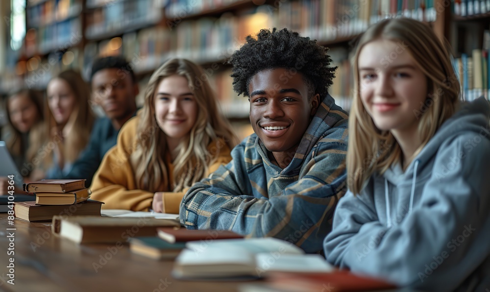 Happy young multiracial university students sit together at a table with books and a laptop, engaged in group study in a high school library. Happy young multiracial university students sit together at a table with books and a laptop, engaged in group study in a high school library.