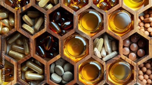 Dietary supplement capsules presented in a clean, eye-catching manner inside jars shaped like honeycombs.  photo