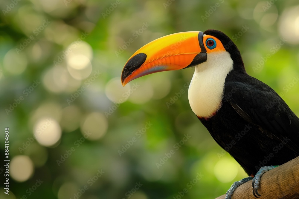 Fototapeta premium AI generated illustration of a close-up of a toucan with a vibrant orange beak