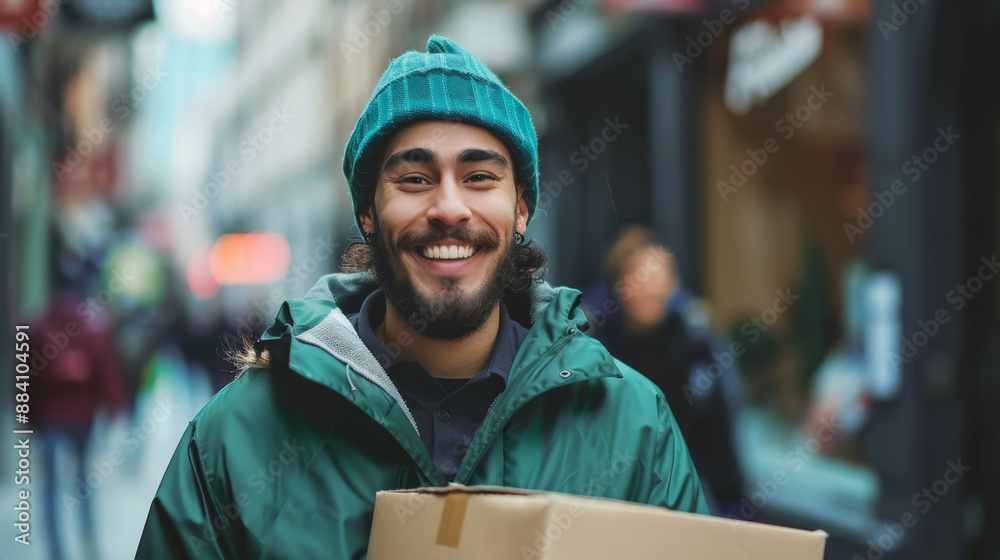 Smiling man in green jacket and beanie carrying a package, walking down a busy street with blurred background. Smiling man in green jacket and beanie carrying a package, walking down a busy street with blurred background.