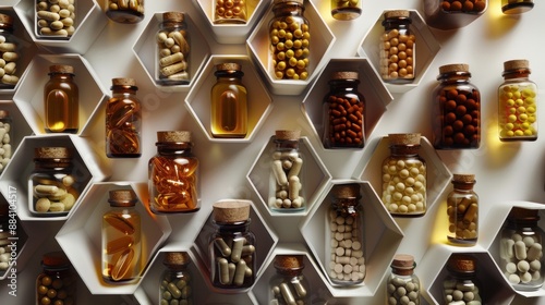 Dietary supplement capsules presented in a clean, eye-catching manner inside jars shaped like honeycombs.  photo