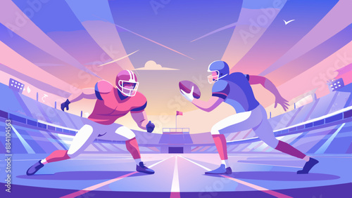 football player with ball Super bowl players versus. American football player. Sportsman with ball in helmet on stadium in action. Sport and motivation