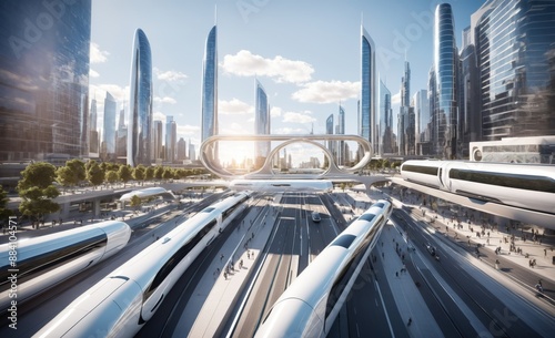 Futuristic High-Speed Trains in a Modern City